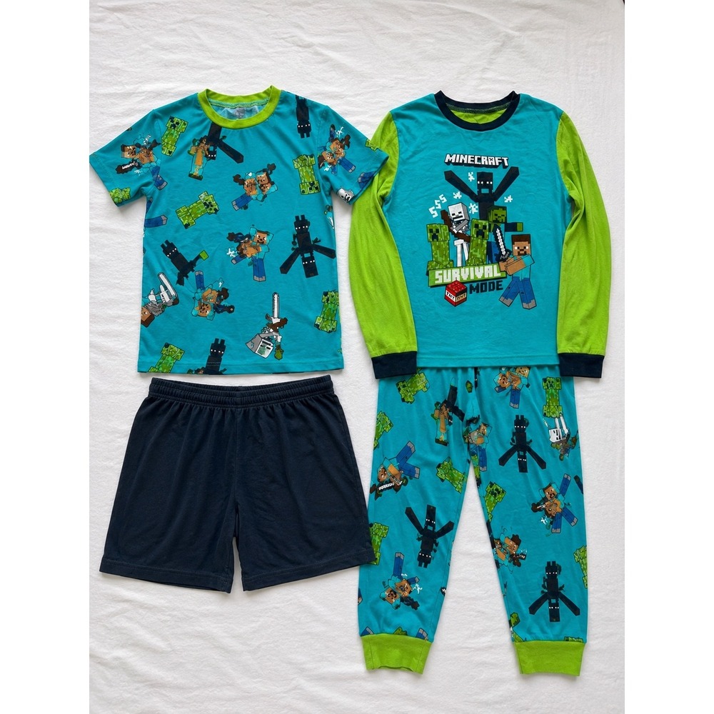 Minecraft Boys 4 Piece Pajama Set Survival Mode Teal Green Size 10 Cotton